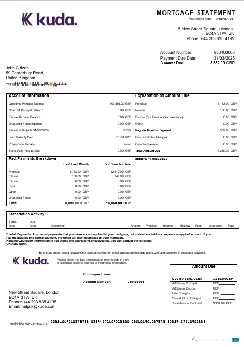 Download United Kingdom Kuda bank mortgage statement in Word and PDF formats Photoshop template